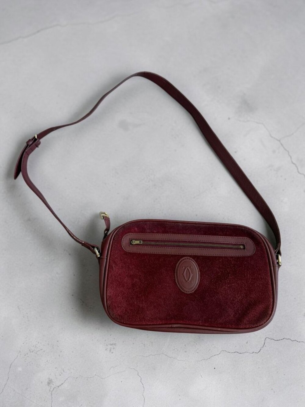 CARTIER Vintage Must Line Bordeaux Suede Calfskin Leather Crossbody Bag